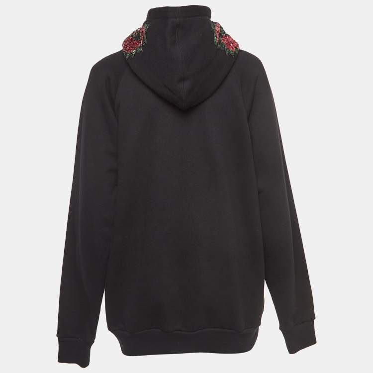 Pre Owned Gucci Black Cotton Knit Embroidered Hooded Sweatshirt M