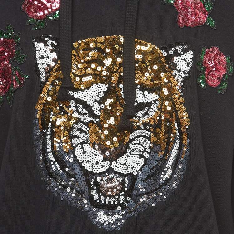 Pre Owned Gucci Black Cotton Knit Embroidered Hooded Sweatshirt M