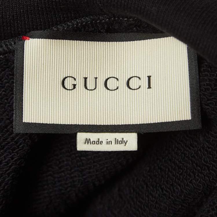 Pre Owned Gucci Black Cotton Knit Embroidered Hooded Sweatshirt M