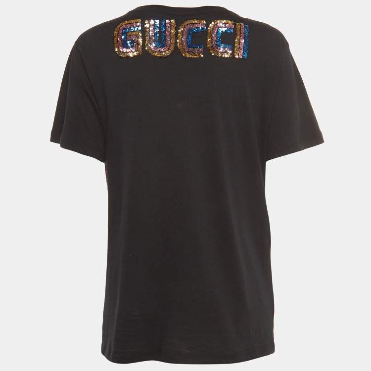 Pre Owned Gucci Black Cotton Sequined Dog Print T-Shirt XS