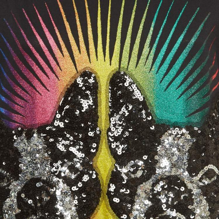 Pre Owned Gucci Black Cotton Sequined Dog Print T-Shirt XS