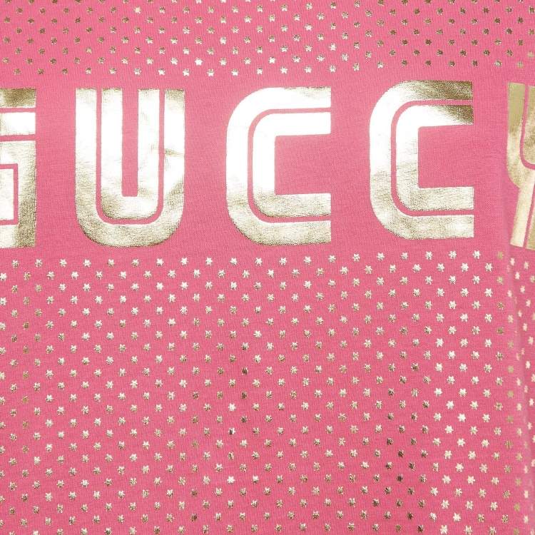 Pre Owned Gucci Pink Logo Printed Cotton Oversized T-Shirt S