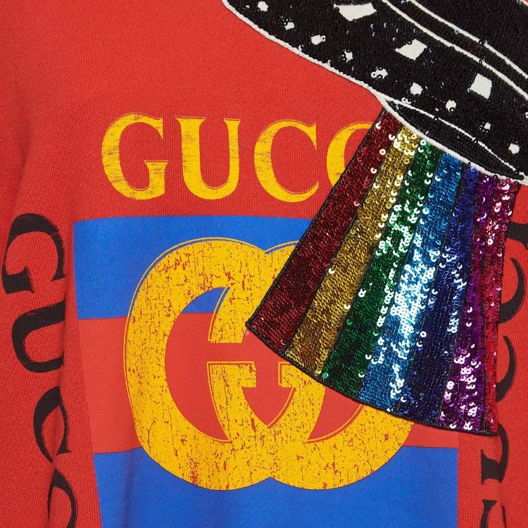 Pre Owned Gucci Red Sequined UFO Logo Print Sweatshirt L