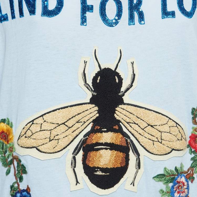 Pre Owned Gucci Light Blue Bee Embroidered Cotton T-Shirt S