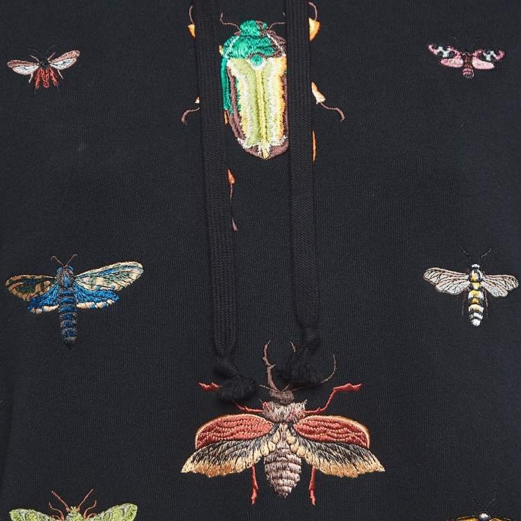 Pre Owned Gucci Black Garden Insects Embroidered Cotton Hoodie XS