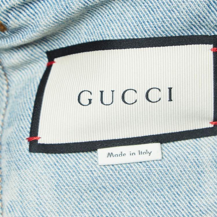 Pre Owned Gucci Blue Printed Cow Fur Trimmed Denim Jacket L