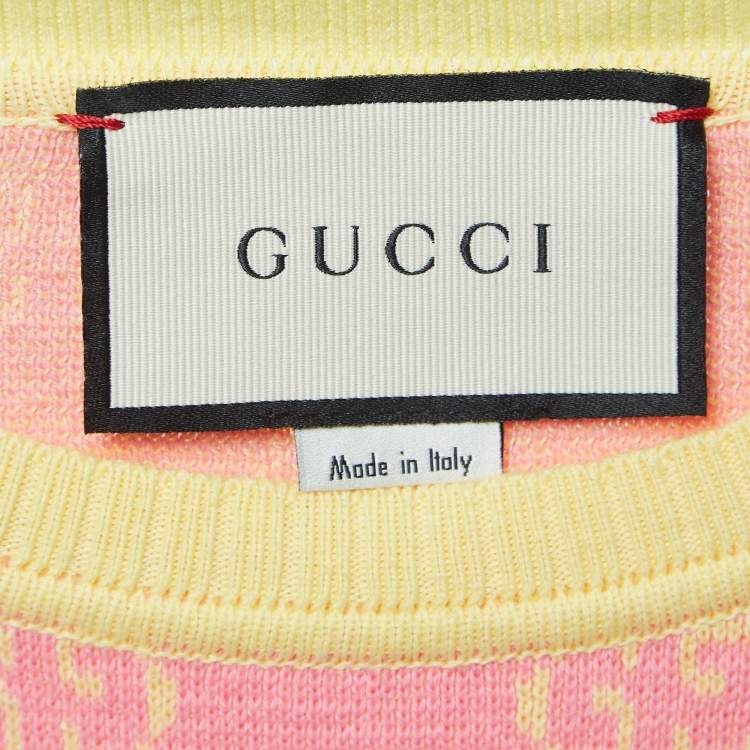 Pre Owned Gucci Pink/Yellow Logo Jacquard Knit Top XXS