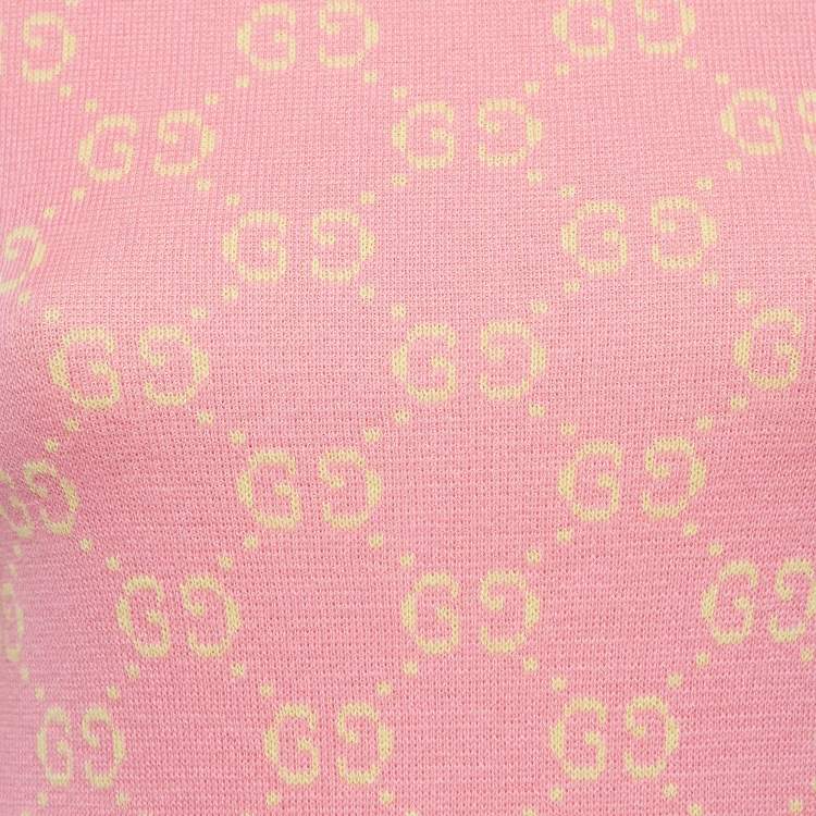Pre Owned Gucci Pink/Yellow Logo Jacquard Knit Top XXS