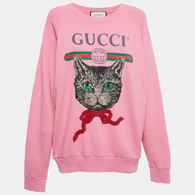 Pre Owned Gucci Pink Mystic Cat Logo Print Cotton Sweatshirt M