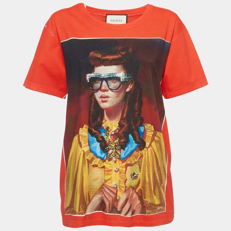 Pre Owned Gucci Red Portrait Print Cotton Jersey T-Shirt S