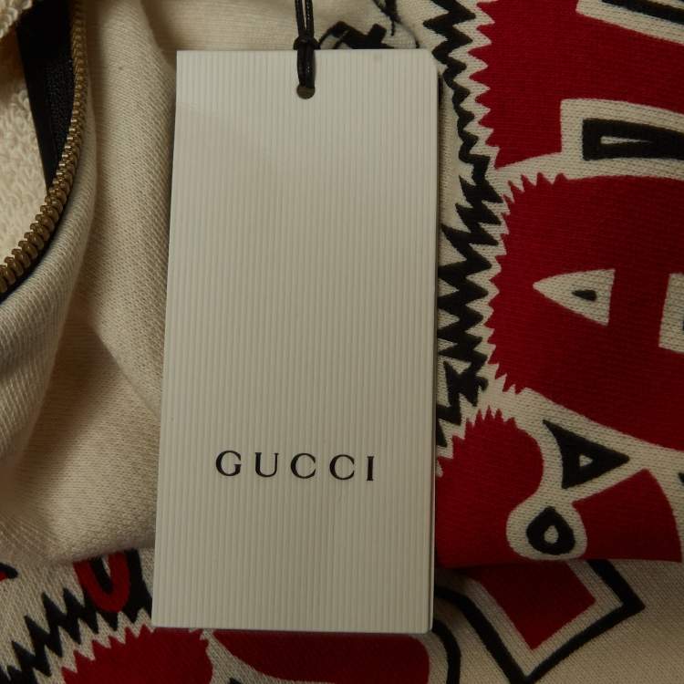 Pre Owned Gucci Off-White Printed Cotton Zipper Detail Sweatshirt S