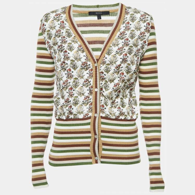Pre Owned Gucci Multicolor Print Silk and Wool Knit Buttoned Cardigan L