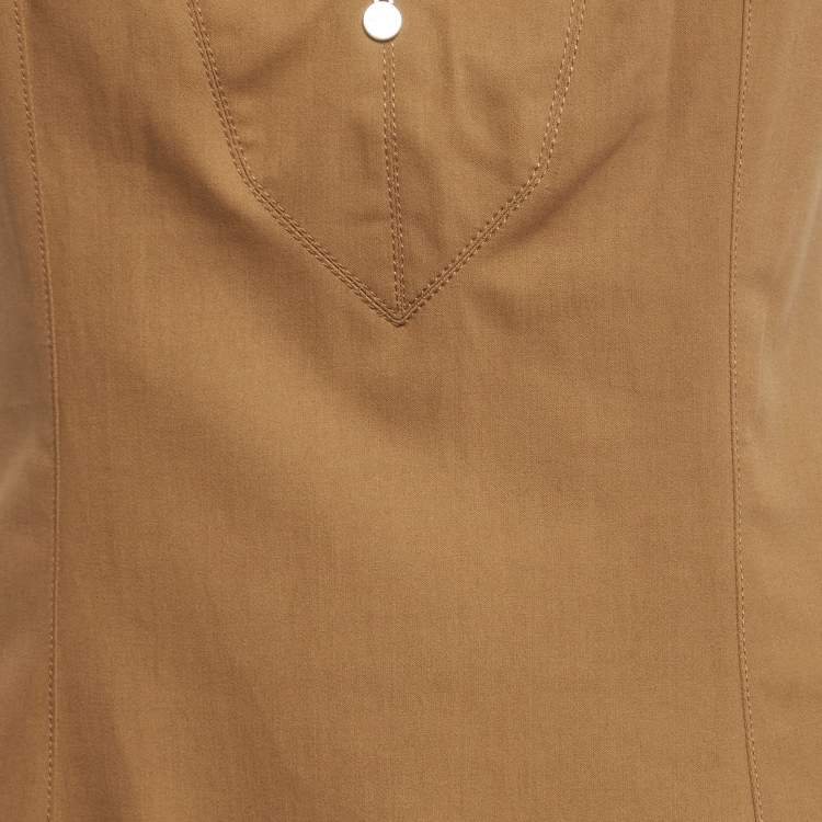 Pre Owned Gucci Brown Cotton Leather Trim Detail A-Line Dress M