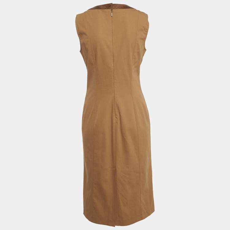 Pre Owned Gucci Brown Cotton Leather Trim Detail A-Line Dress M