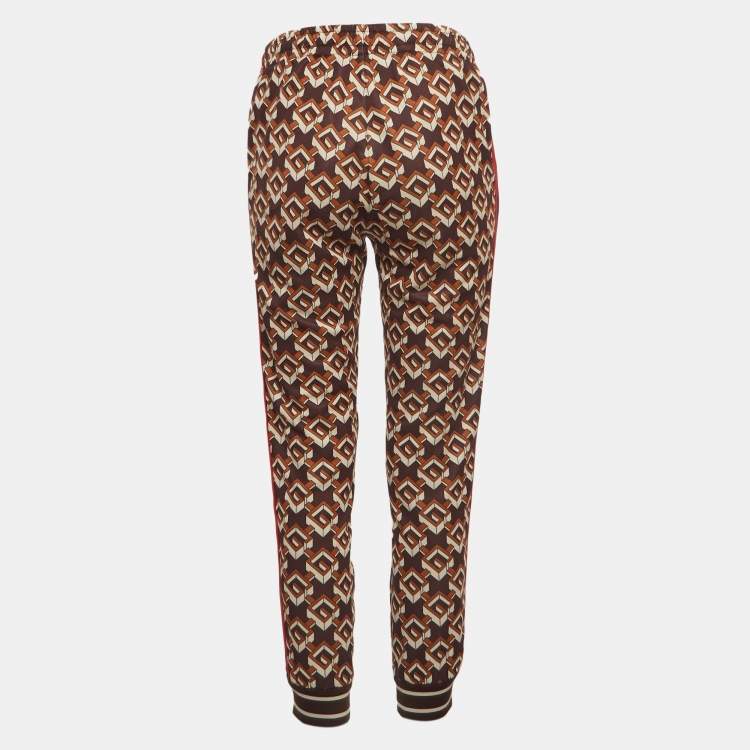 Pre Owned Gucci Brown Geometric G Print Jersey Side Stripe Joggers XS