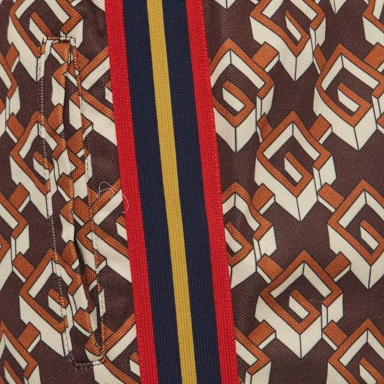 Pre Owned Gucci Brown Geometric G Print Jersey Side Stripe Joggers XS