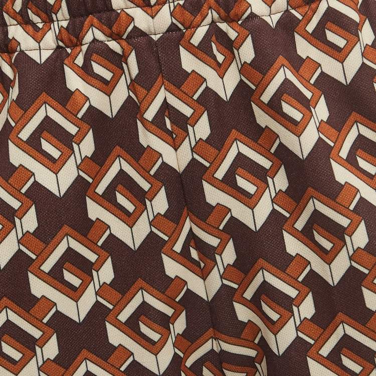 Pre Owned Gucci Brown Geometric G Print Jersey Side Stripe Joggers XS