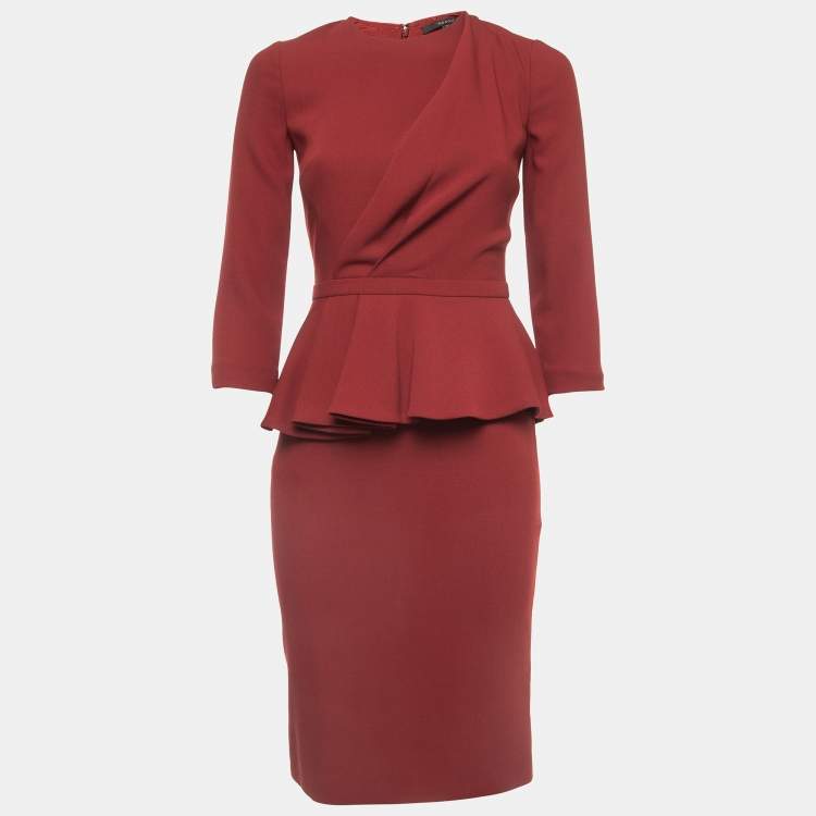 Pre Owned Gucci Red Wool Pleated Peplum Midi Dress S