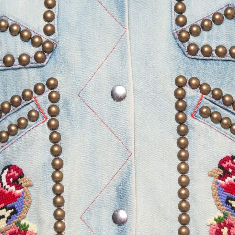 Pre Owned Gucci Blue Bird Applique Denim Studded Jacket M