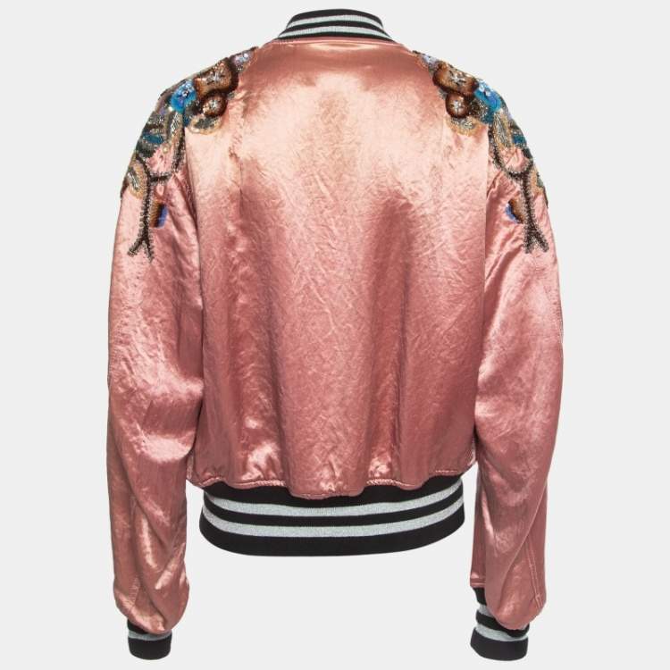 Pre Owned Gucci Pink  Floral Sequin Embroidered Satin Bomber Jacket M