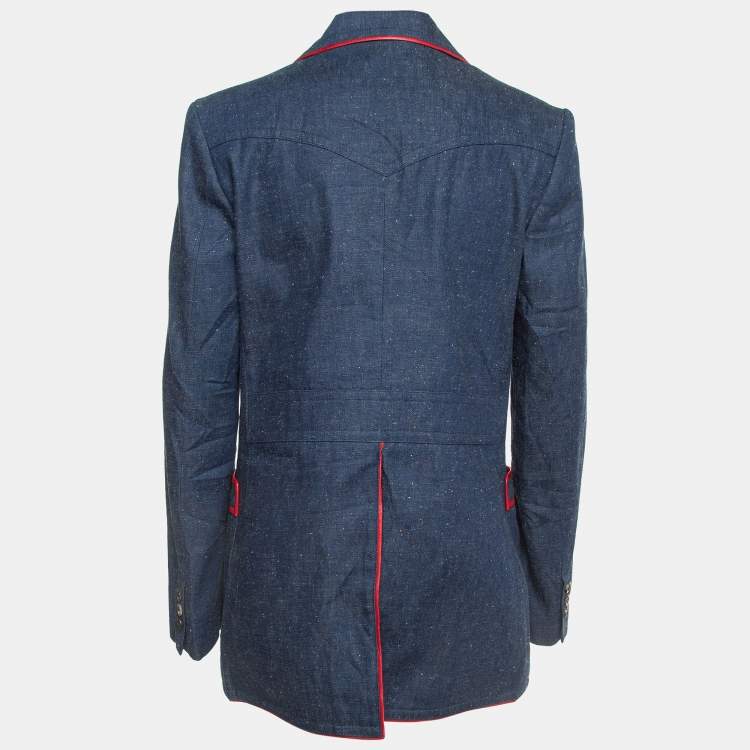 Pre Owned Gucci Blue Leather Trimmed Denim Single Breasted Blazer M