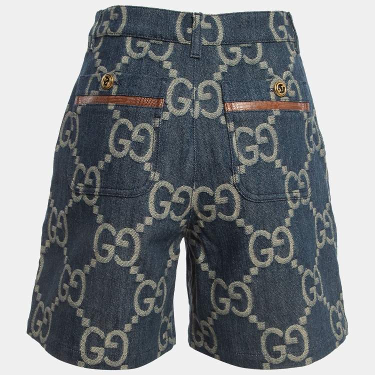 Pre Owned Gucci Dark Blue Jumbo GG Patterned Denim Pleated Shorts S