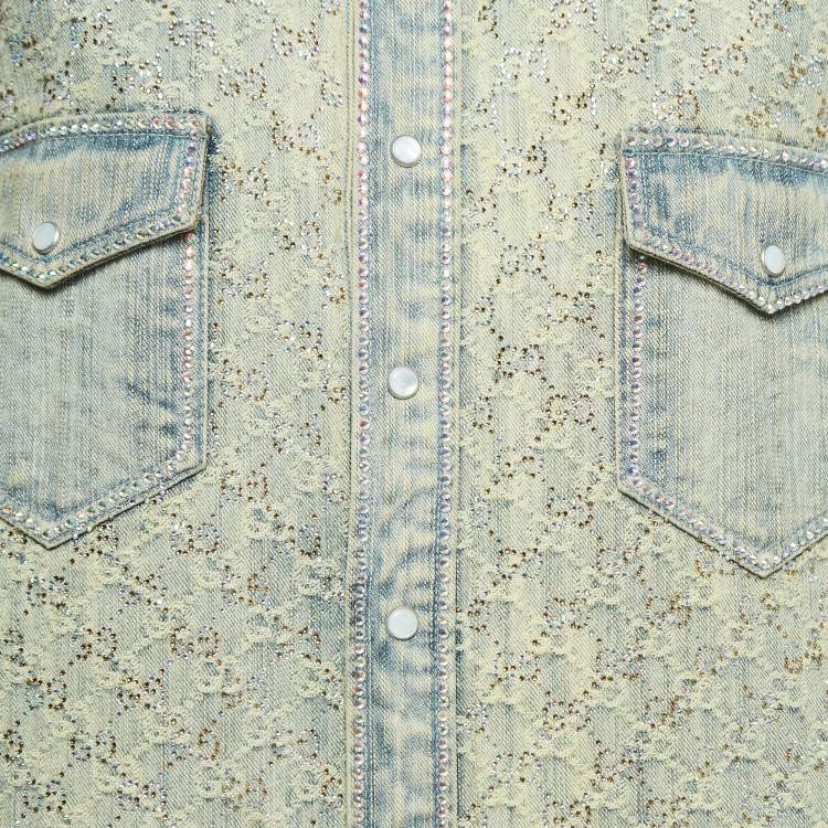 Pre Owned Gucci Blue GG Jacquard Washed Denim Crystal Embellished Shirt XL
