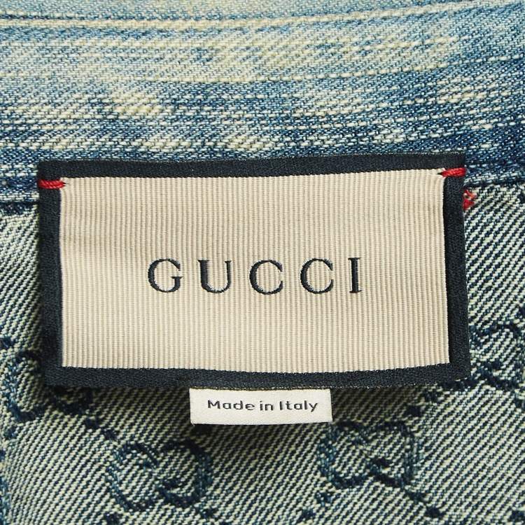 Pre Owned Gucci Blue GG Jacquard Washed Denim Crystal Embellished Shirt XL
