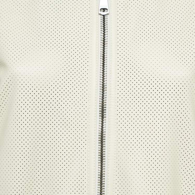 Pre Owned Gucci Cream Logo Print Leather Perforated Detail Bomber Jacket L