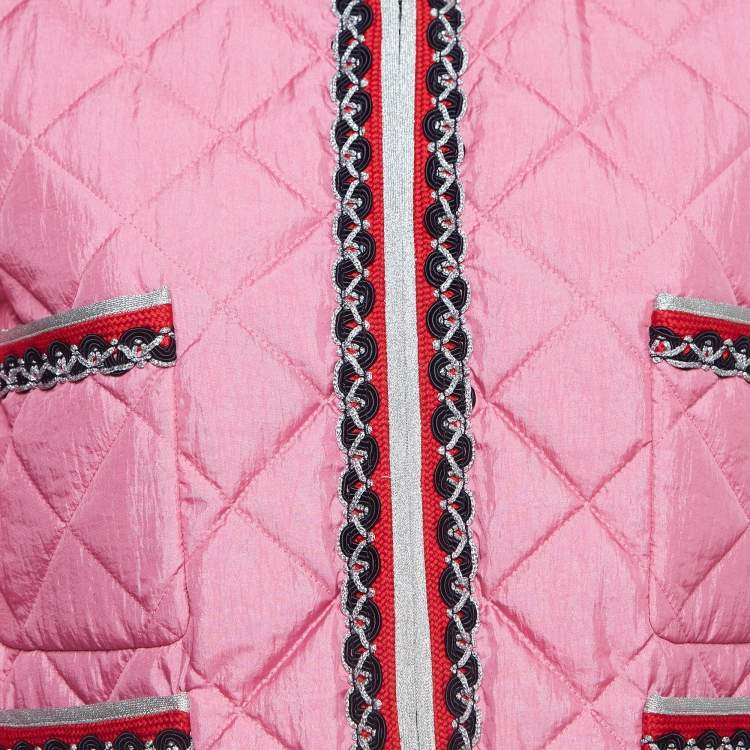 Pre Owned Gucci Pink Quilted Nylon Contrast Trim Collarless Jacket M