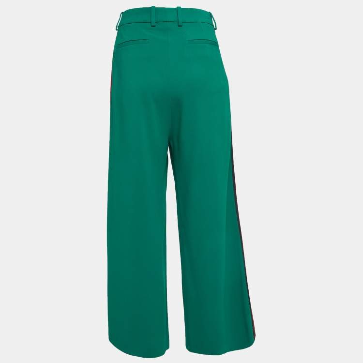 Pre Owned Gucci Green Crepe Web Detail Wide-Leg Pants M