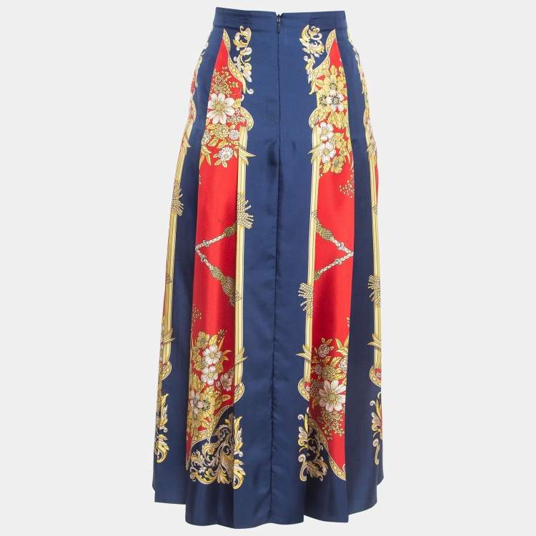 Pre Owned Gucci Multicolor Floral Print Silk Pleated Midi Skirt M