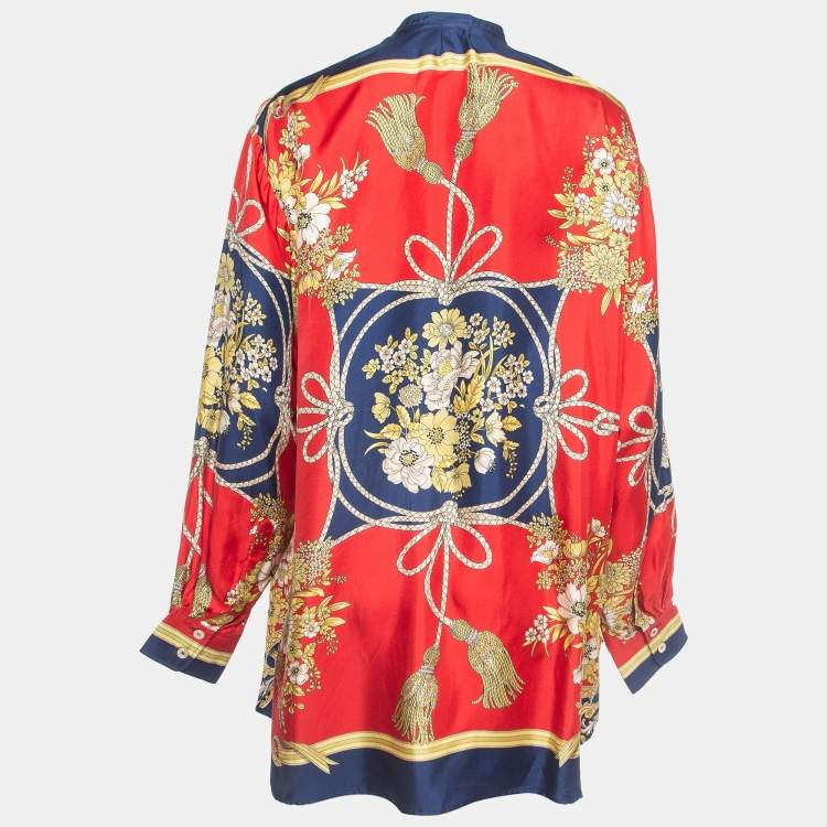 Pre Owned Gucci Red Floral and Tassel Print Silk Oversized Blouse M