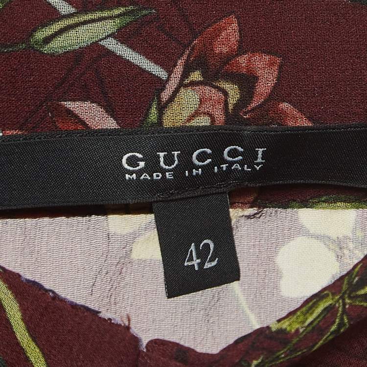 Pre Owned Gucci Burgundy Floral Print Silk Pleated Halter Neck Blouse M