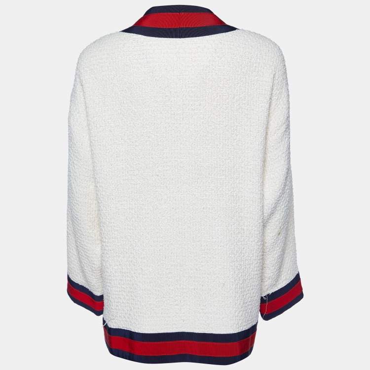 Pre Owned Gucci Off-White Tweed Web Trim Detail Oversized Cardigan S