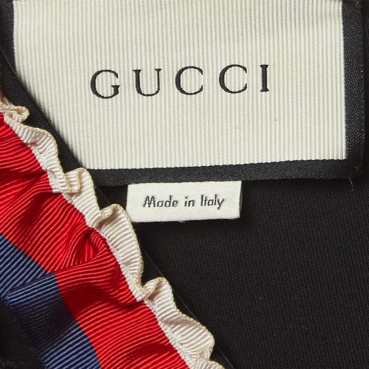 Pre Owned Gucci Black Jersey Web Trim Ruffled Sheath Dress S