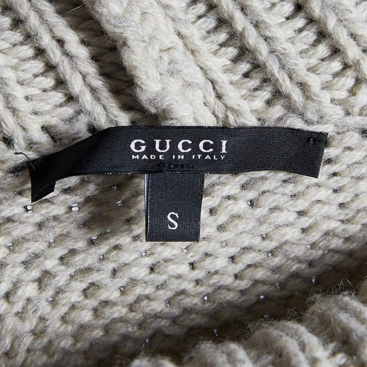 Pre Owned Gucci Cream Camel Wool Knit GG  Embroidered Poncho S