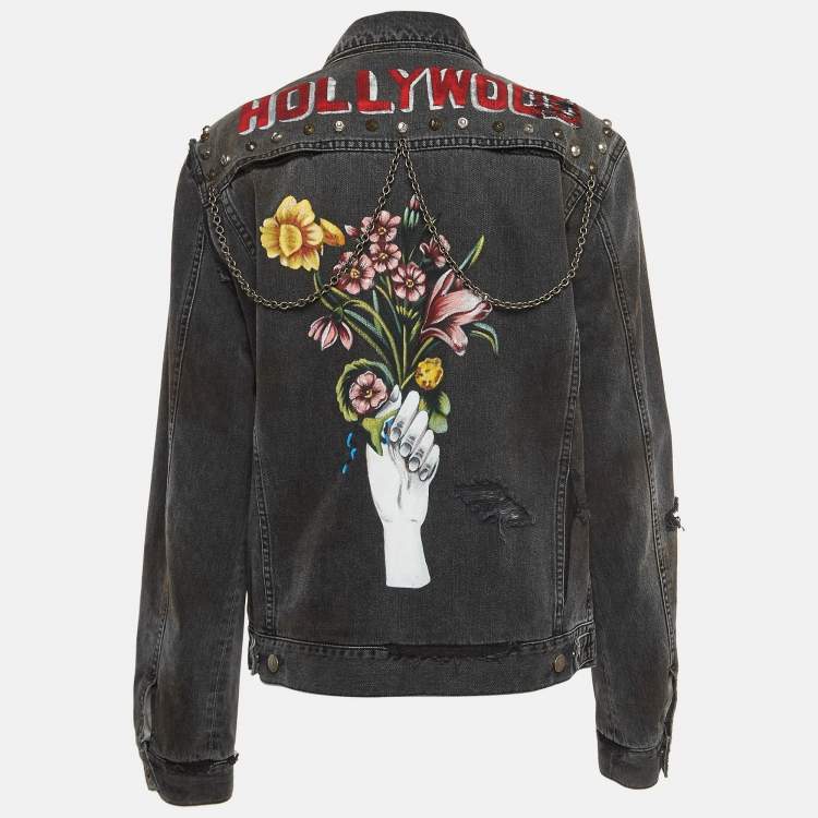 Pre Owned Gucci Grey Distressed Ripped Denim Metal Detail Jacket XL