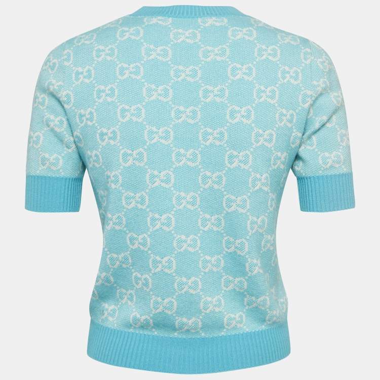 Pre Owned Gucci Light Blue GG Jacquard Knit Top XS