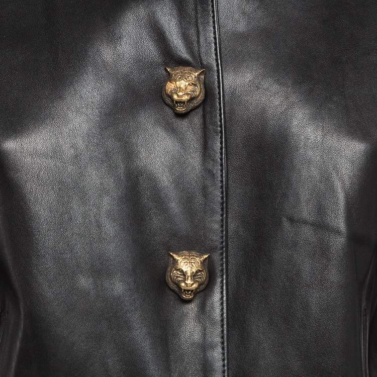 Pre Owned Gucci Black Hollywood Embroidered Leather Bomber Jacket M