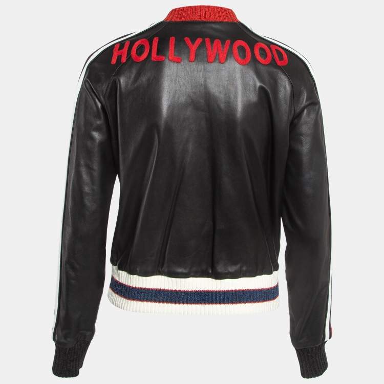 Pre Owned Gucci Black Hollywood Embroidered Leather Bomber Jacket M