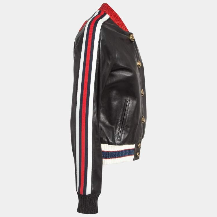 Pre Owned Gucci Black Hollywood Embroidered Leather Bomber Jacket M
