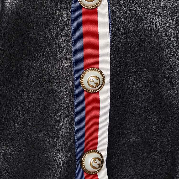 مملوكة مسبقًا Gucci Black Leather Web Trim Appliqued Button Front Jacket L