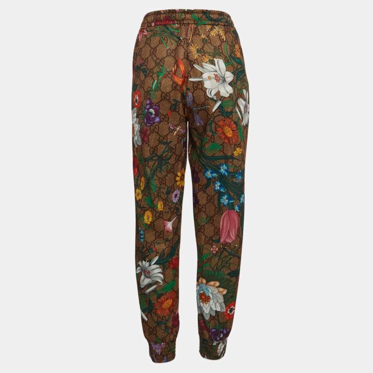 Pre Owned Gucci Green Floral Print GG Supreme Knit Drawstring Joggers M