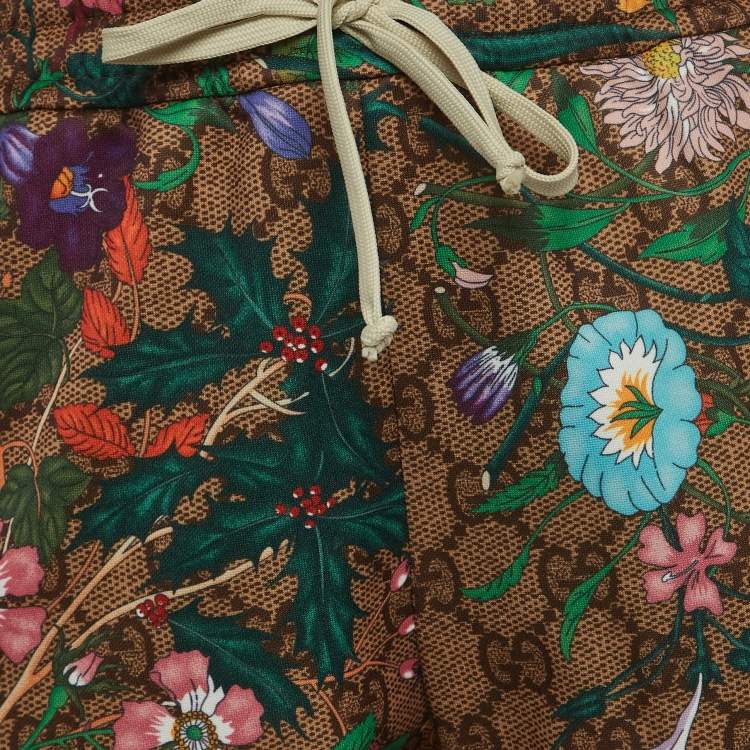 Pre Owned Gucci Green Floral Print GG Supreme Knit Drawstring Joggers M