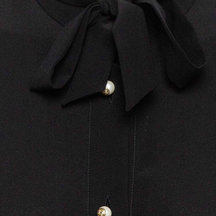 Pre Owned Gucci Black Silk GG Embellished Button Tie-Up Neck Shirt M
