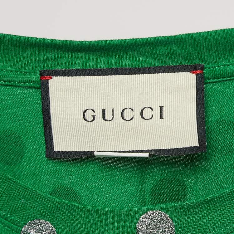 Pre Owned Gucci Green Glitter Polka Dot Logo Print Cotton Crew Neck T-Shirt XS