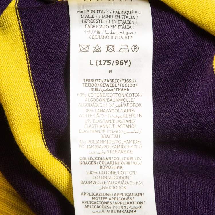 Pre Owned Gucci Yellow/Purple G Cat Applique Striped Cotton Knit Polo Dress L