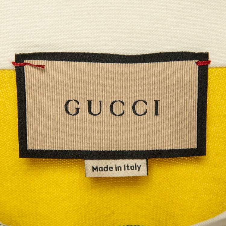 Pre Owned Gucci Yellow/Purple G Cat Applique Striped Cotton Knit Polo Dress L