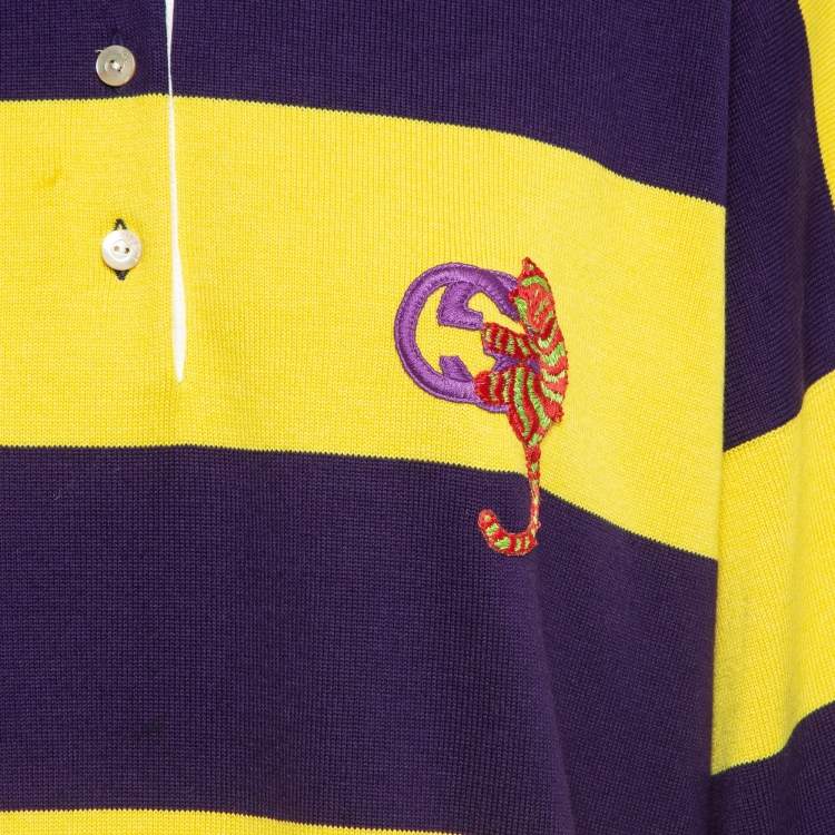 Pre Owned Gucci Yellow/Purple G Cat Applique Striped Cotton Knit Polo Dress L
